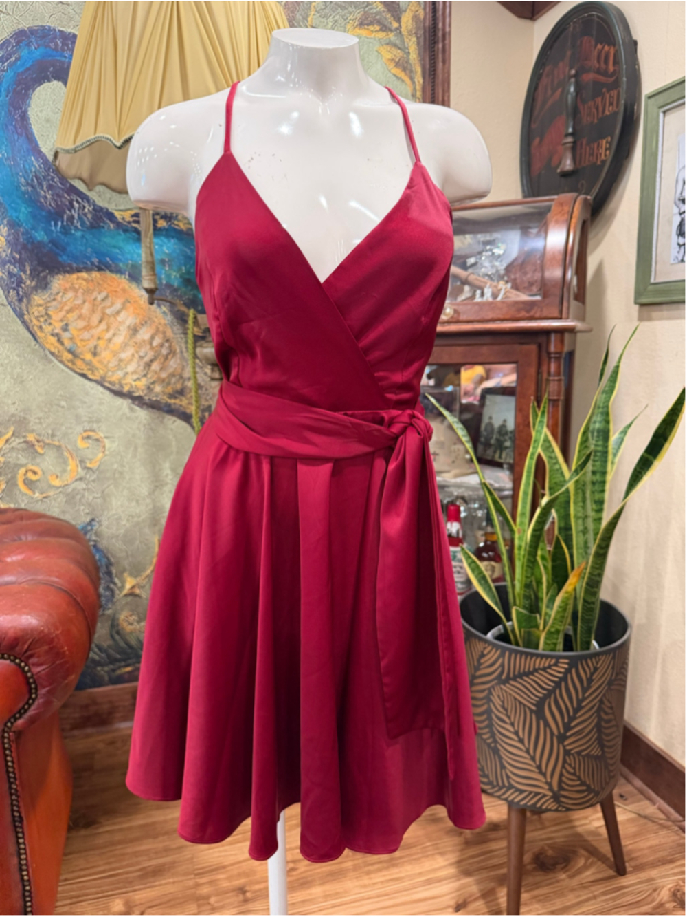 Lulus Women Burgundy Red Satin Halter Wrap Skater Cocktail Dress Size Small EUC - Picture 3 of 11